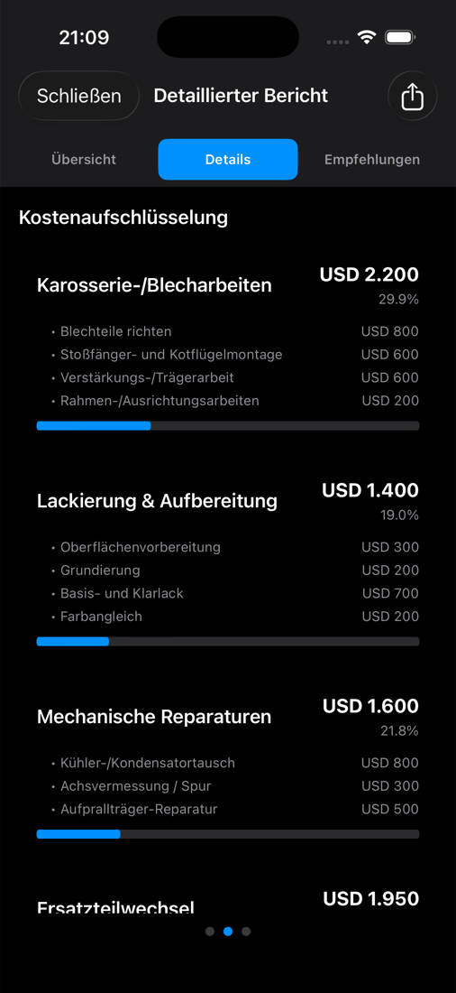 Aufgeschlüsselte Reparaturkosten