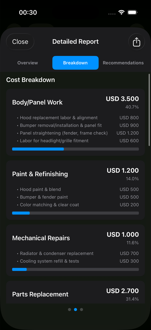 Example itemized bodywork, paint and mechanical repair costs in the app