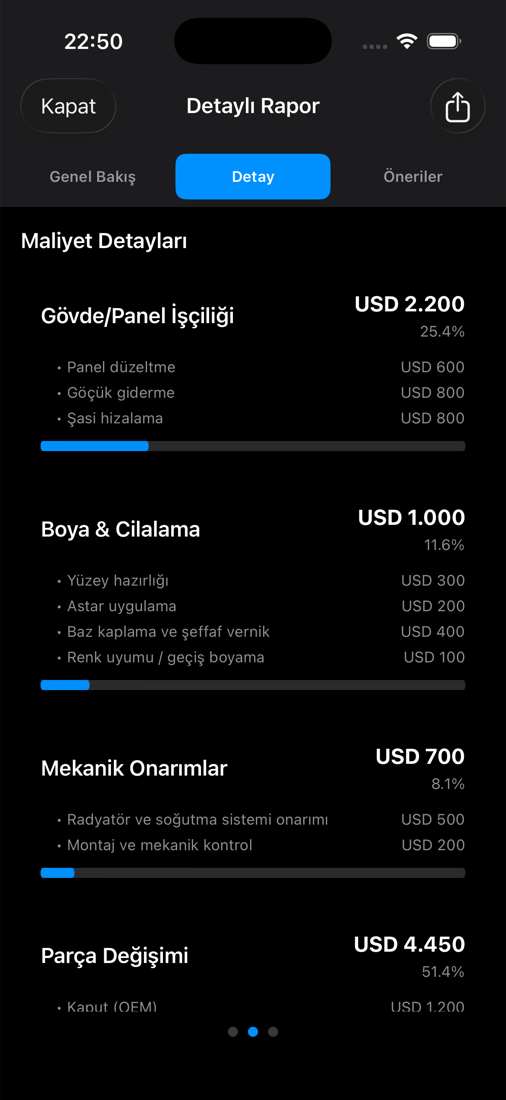 Uygulamadaki örnek ayrıntılı onarım maliyeti dökümü