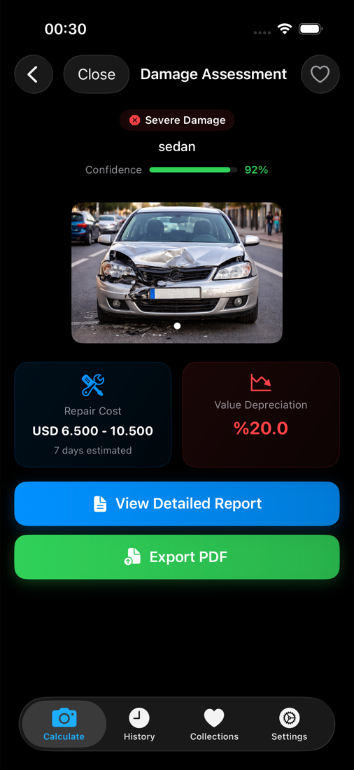 Sample CarDamage report showing repair cost range and estimated depreciation