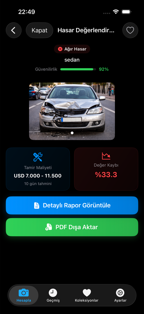 CarDamage uygulamasında örnek hasar analizi ve onarım maliyeti aralığı